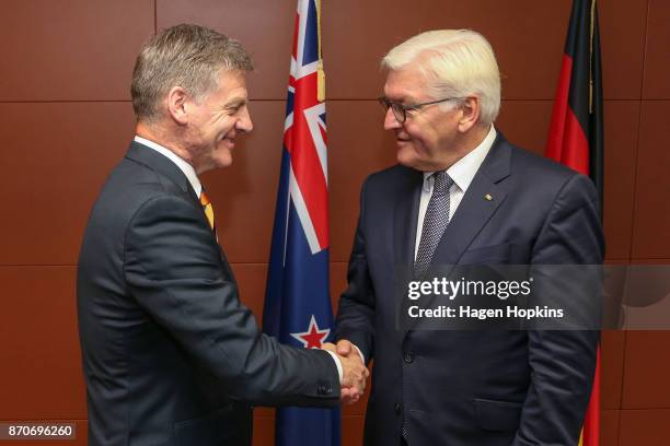 German President Frank-Walter Steinmeier meets with leader of the opposition, Bill English, during a meeting at Parliament on November 6, 2017 in...