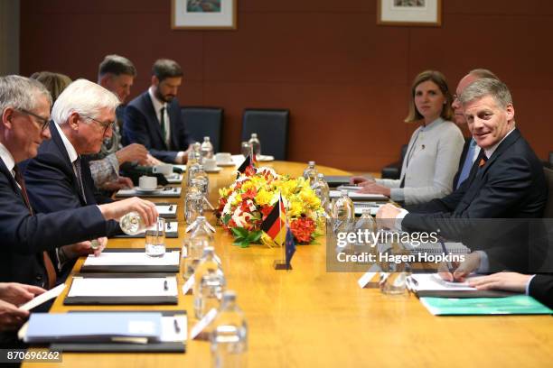 German President Frank-Walter Steinmeier meets with leader of the opposition, Bill English, during a meeting at Parliament on November 6, 2017 in...