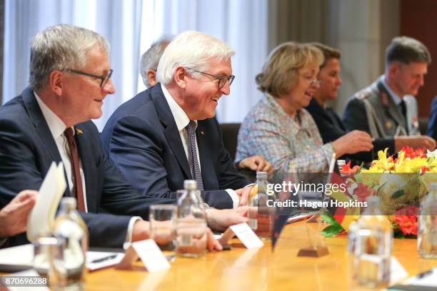German President Frank-Walter Steinmeier meets with leader of the opposition, Bill English, during a meeting at Parliament on November 6, 2017 in...