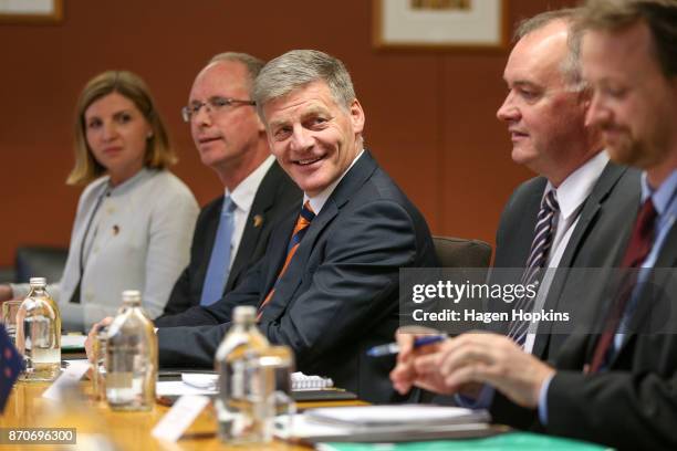 Leader of the opposition, Bill English, looks on during a meeting with German President Frank-Walter Steinmeier at Parliament on November 6, 2017 in...