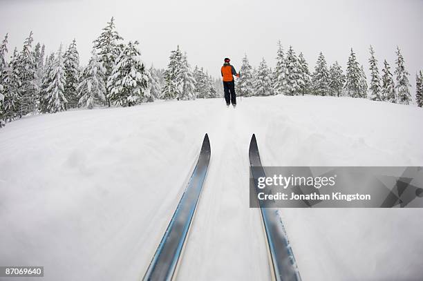 low angle view of cross country ski tips and one young woman nordic skiing on a cross country trial in the snow in bend, oregon. - wonderlust2015 stock pictures, royalty-free photos & images