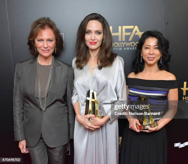 Actor Jacqueline Bisset and honorees Angelina Jolie and Loung Ung, recipients of the Hollywood Foreign Language Film Award for 'First They Killed My...