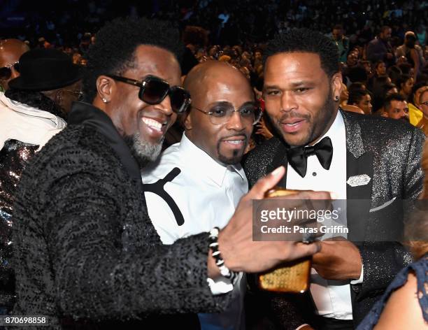 Damion Hall, Teddy Riley, and Anthony Anderson attend the 2017 Soul Train Awards, presented by BET, at the Orleans Arena on November 5, 2017 in Las...