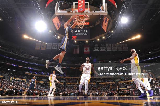 Brandan Wright of the Memphis Grizzlies dunks against the Los Angeles Lakers on November 5, 2017 at STAPLES Center in Los Angeles, California. NOTE...