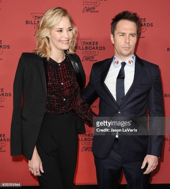 Actress Leslie Bibb and actor Sam Rockwell attend the premiere of "Three Billboards Outside Ebbing, Missouri" at NeueHouse Hollywood on November 3,...