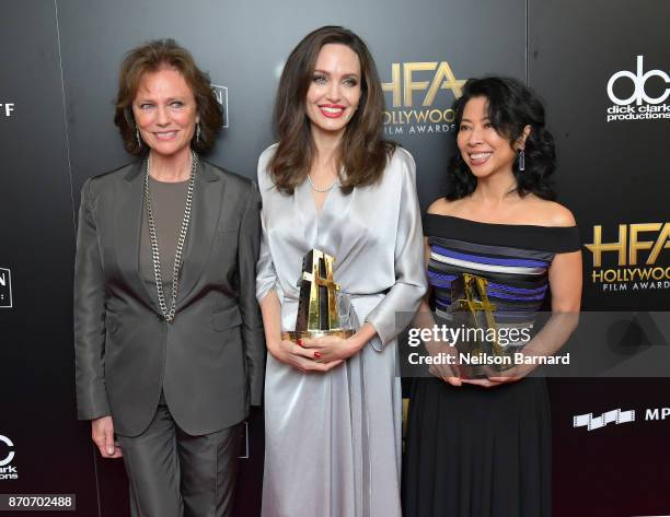 Actor Jacqueline Bisset and honorees Angelina Jolie and Loung Ung, recipients of the Hollywood Foreign Language Film Award for 'First They Killed My...