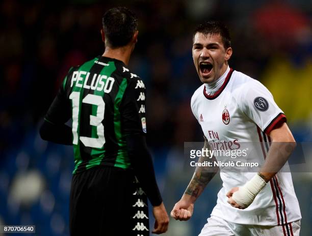 Alessio Romagnoli of AC Milan celebrates after scoring a goal during the Serie A football match between US Sassuolo and AC Milan. AC Milan won 2-0...