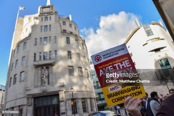Rally is held outside BBC broadcasting house in London against 'BBC bias' organised by The People's Charter Foundation, who describe themselves as...