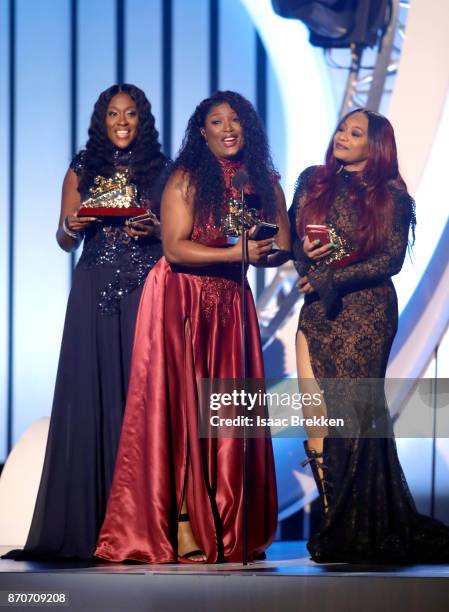 Cheryl Coko Clemons, Tamara Taj Johnson-George, and Leanne 'Lelee' Lyons of SWV accept the Lady of Soul Award onstage at the 2017 Soul Train...
