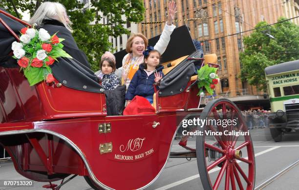 Trainer Gai Waterhouse waves to the crowd during the 2017 Melbourne Cup Parade on November 6, 2017 in Melbourne, Australia.