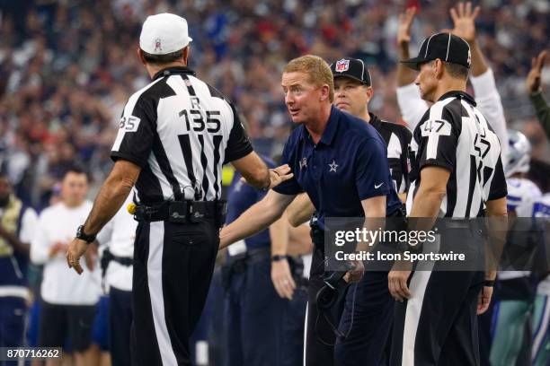 Dallas Cowboys head coach Jason Garrett argues his case to referee Pete Morelli during the NFL game between the Kansas City Chiefs and Dallas Cowboys...