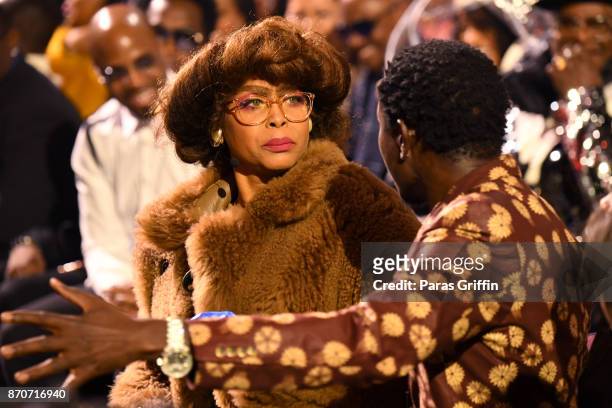 Host Erykah Badu and Michael Blackson attend the 2017 Soul Train Awards, presented by BET, at the Orleans Arena on November 5, 2017 in Las Vegas,...