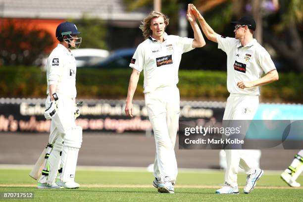 David Moody of the Warriors celebrates with Jason Behrendorff of the Warriors after taking the wicket of Nic Maddinson of the Blues during day three...