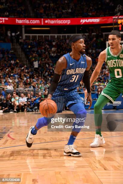 Terrence Ross of the Orlando Magic handles the ball against the Boston Celtics on November 5, 2017 at Amway Center in Orlando, Florida. NOTE TO USER:...