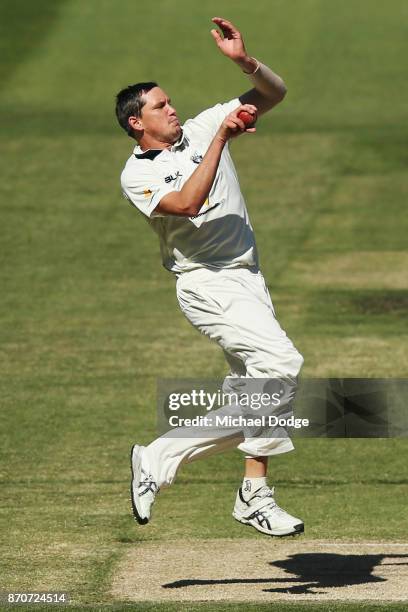 Chris Tremain of Victoria bowls during day three of the Sheffield Shield match between Victoria and South Australia at Melbourne Cricket Ground on...