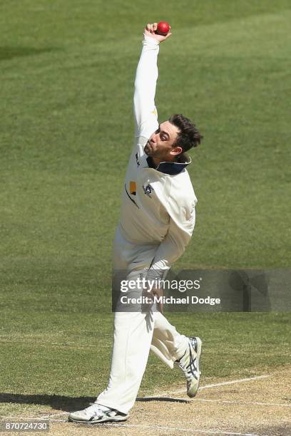 Glenn Maxwell of Victoria bowls during day three of the Sheffield Shield match between Victoria and South Australia at Melbourne Cricket Ground on...