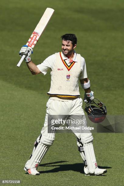Callum Ferguson of South Australia celebrates making a century during day three of the Sheffield Shield match between Victoria and South Australia at...