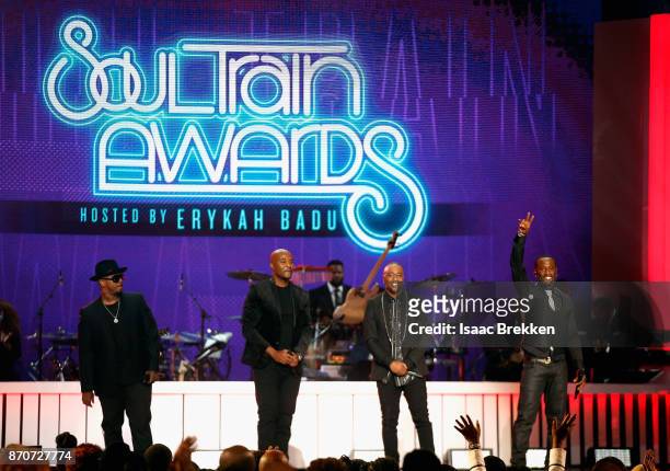 Michael Keith, Daron Jones, Marvin Slim Scandrick, and Quinnes Q Parker of 112 perform onstage at the 2017 Soul Train Awards, presented by BET, at...