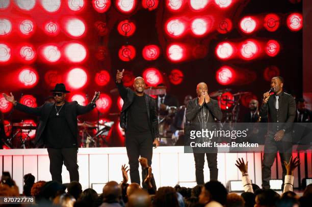Michael Keith, Daron Jones, Marvin Slim Scandrick, and Quinnes Q Parker of 112 perform onstage at the 2017 Soul Train Awards, presented by BET, at...