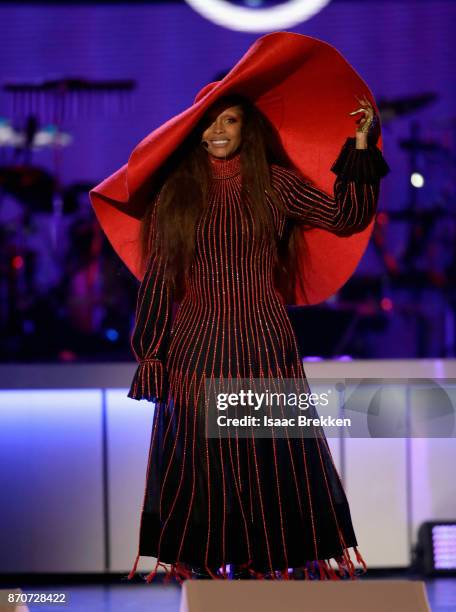 Host Erykah Badu speaks onstage at the 2017 Soul Train Awards, presented by BET, at the Orleans Arena on November 5, 2017 in Las Vegas, Nevada.