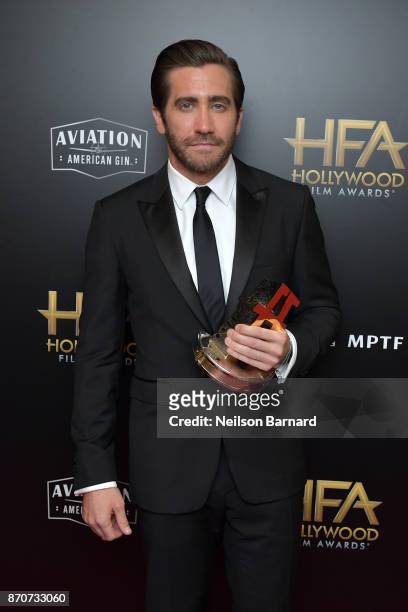Honoree Jake Gyllenhaal, recipient of the Hollywood Actor Award for 'Stronger,' poses in the press room during during the 21st Annual Hollywood Film...