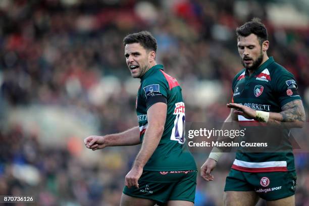 Joe Ford and Adam Thompstone of Leicester Tigers during the Anglo-Welsh Cup tie between Leicester Tigers and Gloucester Rugby at Welford Road on...