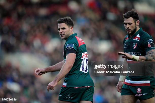 Joe Ford and Adam Thompstone of Leicester Tigers during the Anglo-Welsh Cup tie between Leicester Tigers and Gloucester Rugby at Welford Road on...