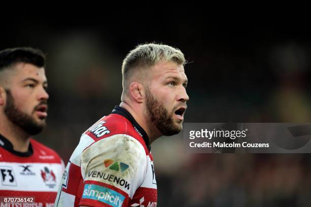 Ross Moriarty of Gloucester Rugby during the Anglo-Welsh Cup tie between Leicester Tigers and Gloucester Rugby at Welford Road on November 4, 2017 in...