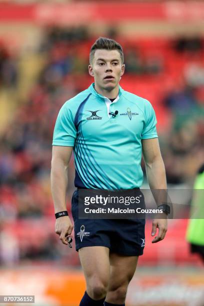 Referee Craig Evans during the Anglo-Welsh Cup tie between Leicester Tigers and Gloucester Rugby at Welford Road on November 4, 2017 in Leicester,...