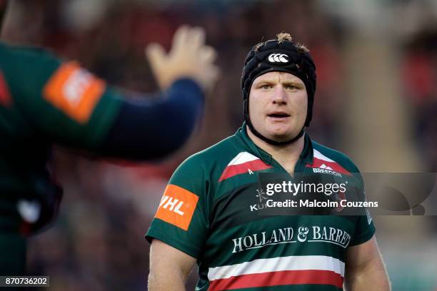 Kyle Trainer of Leicester Tigers during the Anglo-Welsh Cup tie between Leicester Tigers and Gloucester Rugby at Welford Road on November 4, 2017 in...