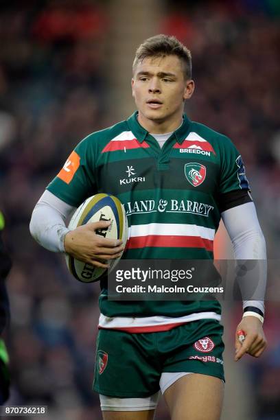 Harry Simmons of Leicester Tigers during the Anglo-Welsh Cup tie between Leicester Tigers and Gloucester Rugby at Welford Road on November 4, 2017 in...
