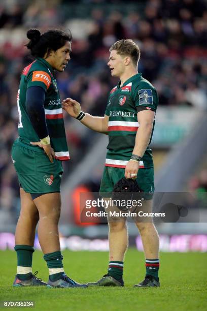Fred Tuilagi and Charlie Thacker of Leicester Tigers chat during the Anglo-Welsh Cup tie between Leicester Tigers and Gloucester Rugby at Welford...