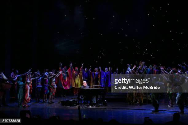 Elton John with the cast performing during the Curtain Call for 20th Anniversary Performance of 'The Lion King' on Broadway at The Minskoff Theatre...