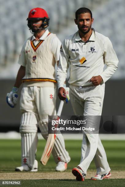 Fawad Ahmed of Victoria celebrates the wicket of Jake Lehmann of South Australia during day three of the Sheffield Shield match between Victoria and...