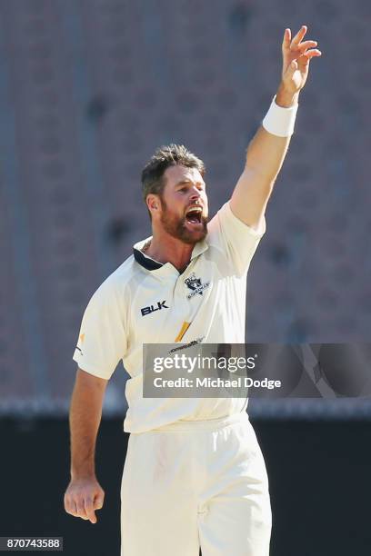 Dan Christian of Victoria unsuccessfully appeals for an LBW during day three of the Sheffield Shield match between Victoria and South Australia at...