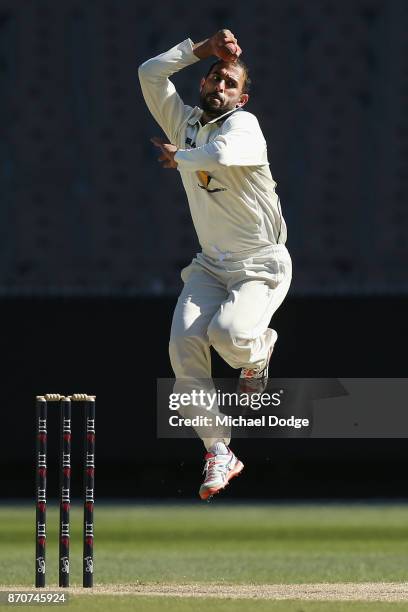 Fawad Ahmed of Victoria bowls during day three of the Sheffield Shield match between Victoria and South Australia at Melbourne Cricket Ground on...