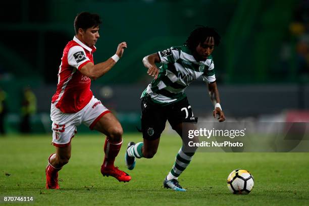 Braga's midfielder Joao Teixeira vies with Sporting's forward Gelson Martins during Primeira Liga 2017/18 match between Sporting CP vs SC Braga, in...