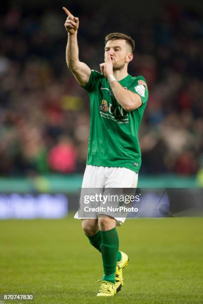 Steven Beattie of Cork silences of Dundalk supporters after his penalty during the Irish Daily Mail FAI Senior Cup Final between Dundalk FC and Cork...