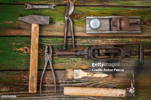 od vintage tools on wooden background. knolling style shot. - knolling tools stock pictures, royalty-free photos & images