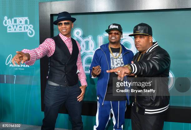 Recording artists Ronnie DeVoe, Ricky Bell and Michael Bivins of Bell Biv DeVoe attend the 2017 Soul Train Music Awards at the Orleans Arena on...