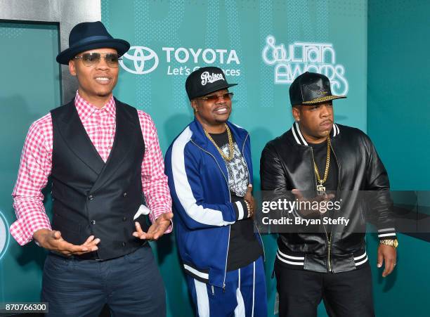 Recording artists Ronnie DeVoe, Ricky Bell and Michael Bivins of Bell Biv DeVoe attend the 2017 Soul Train Music Awards at the Orleans Arena on...