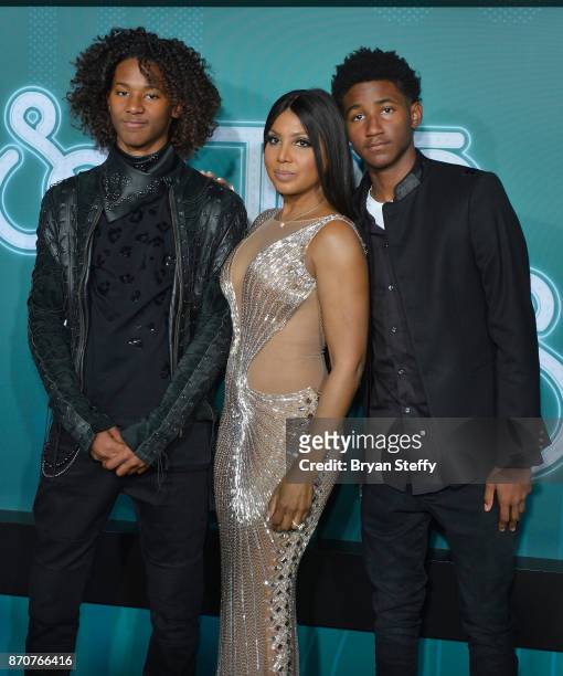 Diezel Ky Braxton-Lewis, recording artist Toni Braxton and Denim Cole Braxton-Lewis attend the 2017 Soul Train Music Awards at the Orleans Arena on...
