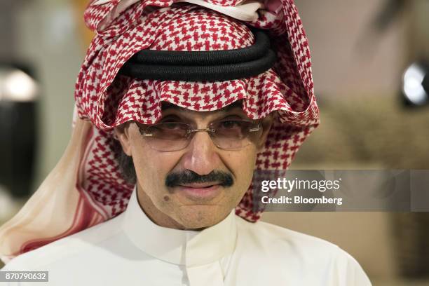 Prince Alwaleed Bin Talal, Saudi billionaire and founder of Kingdom Holding Co., looks on during a Bloomberg Television interview at the MiSK Global...