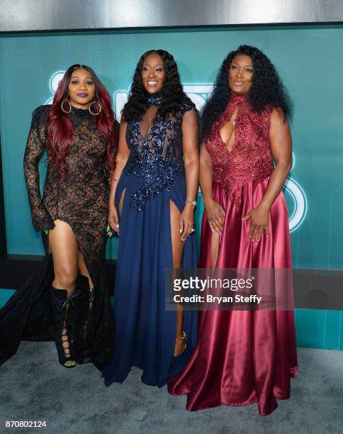 Singers Leanne 'Lelee' Lyons, Cheryl 'Coko' Clemmons and Tamara 'Taj' Johnson-George of SWV attend the 2017 Soul Train Music Awards at the Orleans...