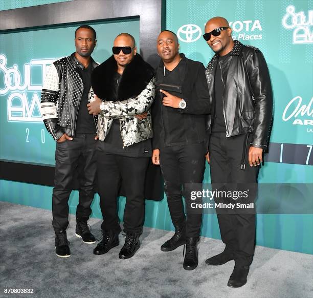 Quinnes 'Q' Parker, Michael Mike Keith, Marvin Slim Scandrick and Daron Jones of 112 attend the 2017 Soul Train Music Awards at the Orleans Arena on...