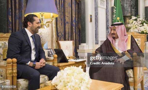 King of Saudi Arabia Salman bin Abdulaziz Al Saud receives Former Prime Minister of Lebanon Saad Hariri , who resigned recently, at Palace of Yamamah...