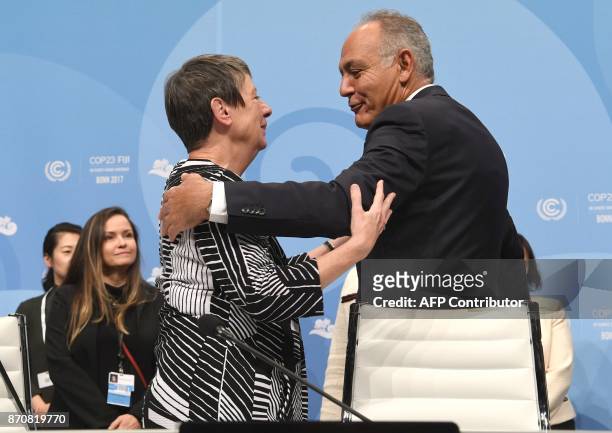 Salaheddine Mezouar , Moroccan Foreign Minister and President of COP22 greets German Environment Minister Barbara Hendricks during the opening...