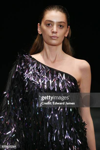 Model walks the runway during the Mach & Mach fashion show at Mercedes-Benz Fashion Week Tbilisi on November 5, 2017 in Tbilisi, Georgia.