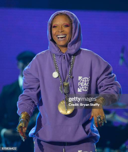 Host Erykah Badu speaks during the 2017 Soul Train Music Awards at the Orleans Arena on November 5, 2017 in Las Vegas, Nevada.