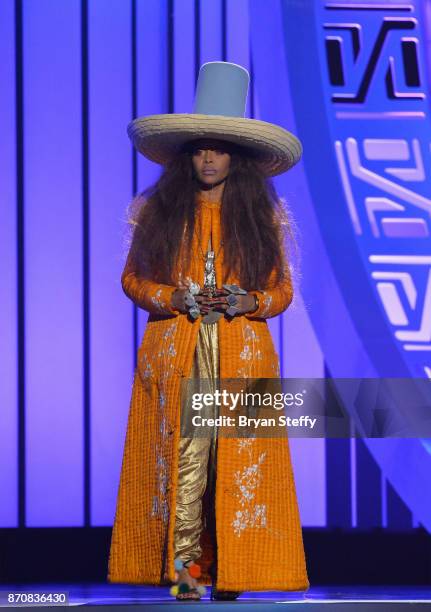 Host Erykah Badu speaks during the 2017 Soul Train Music Awards at the Orleans Arena on November 5, 2017 in Las Vegas, Nevada.